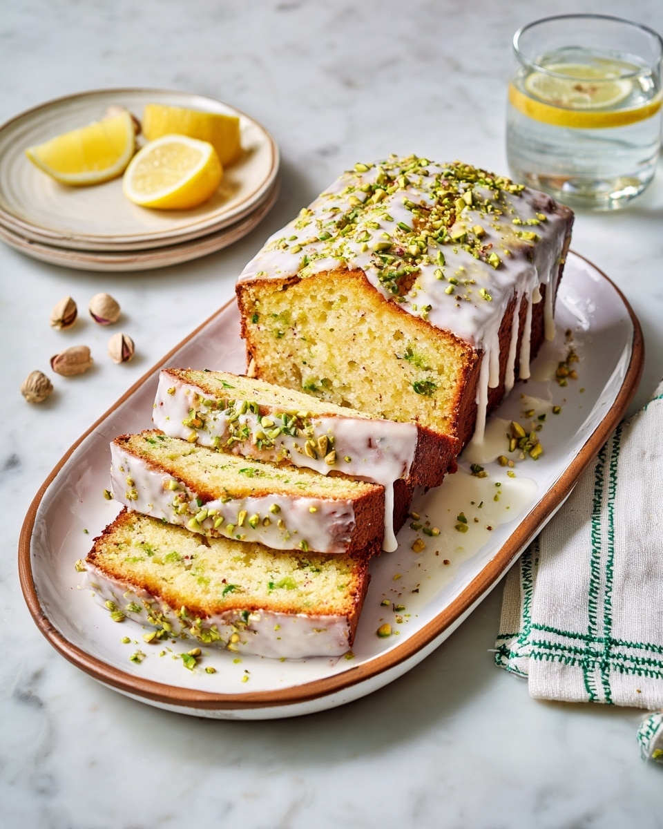 The image shows a loaf cake on a white oval plate with a thin brown edge. The cake has four visible layers: the bottom two layers are whole slices with a golden-brown crust and a shiny white glaze dripping unevenly over the top, sprinkled with small green pistachio pieces. The top two layers are slices placed slightly overlapping each other, showing the inside texture of the cake, which is light yellow with small green pistachio bits mixed throughout. On the white marbled surface next to the plate, there are a few pistachio nuts and a small white plate with lemon wedges. A glass of water and a white cloth with green stitching rest on the right side. Photo taken with an iphone --ar 4:5 --v 7