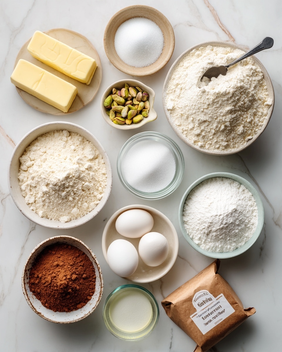 A top-down view of various clear glass bowls and packages arranged on a white marbled surface, each containing different baking ingredients. There are two small sticks of yellow butter, a medium bowl of white all-purpose flour with a small scoop on top, a medium bowl of white sugar, and a small bowl filled with brown cocoa powder. Other bowls include a medium one with white buttermilk, a small bowl of pale green pistachios, a small bowl holding three white eggs, a small bowl of white baking powder, another small bowl of white salt, and two tiny bowls with clear liquid labeled as almond extract and hot water. A brown paper package labeled instant pistachio pudding adds a rustic touch to the neat layout. The ingredients are spaced evenly with clean labels in black text on white backgrounds photo taken with an iphone --ar 4:5 --v 7