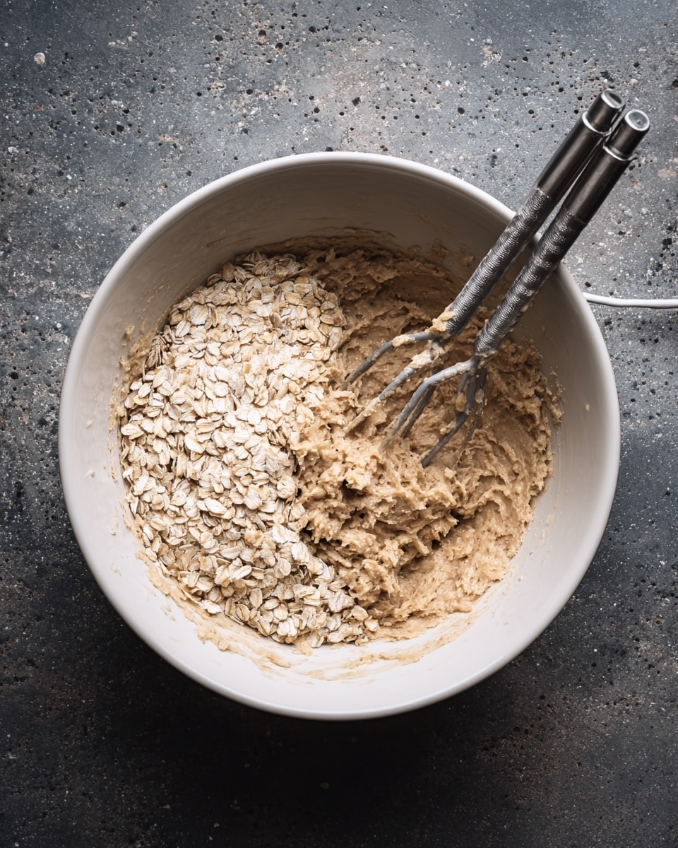 A white mixing bowl contains a thick, light brown dough that fills most of the bowl. On top of the dough, rolled oats are spread, covering nearly half of the surface with a pale beige color and rough texture. Two metal beaters, covered in the dough, are placed inside the bowl on the right side. The bowl is situated on a dark countertop with a speckled pattern, next to a silver can and a white electric cord. The scene is viewed from directly above, showing the textures of the dough and oats clearly. Photo taken with an iphone --ar 4:5 --v 7