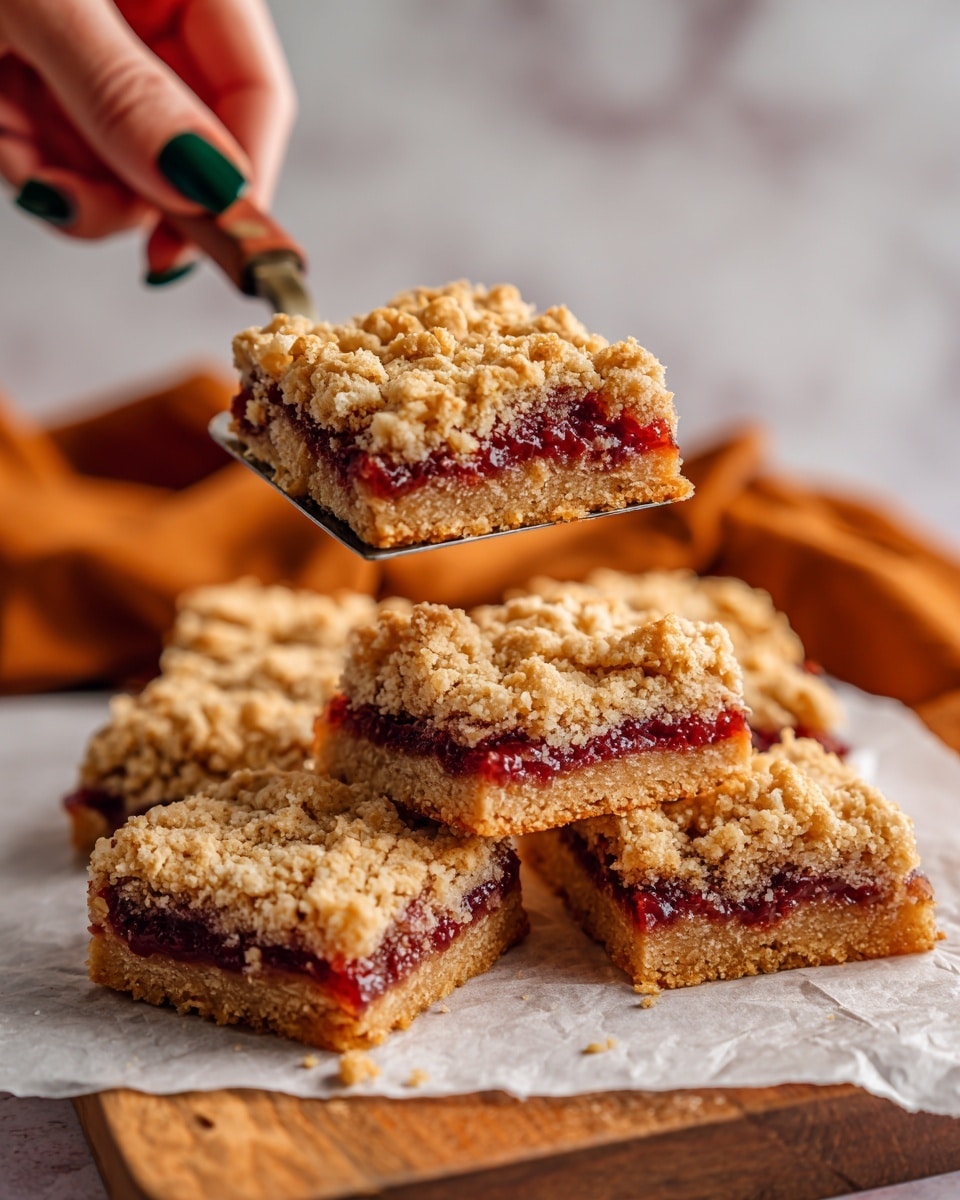 This image shows a square dessert bar with three layers on a wooden board lined with white parchment paper. The bottom layer is a thick, crumbly golden-brown crust. The middle layer is filled with shiny, dark red fruit jam that looks sticky and slightly spread beyond the edges. The top layer is made of uneven chunks of crumbly, golden oat-like streusel scattered across the jam. The dessert has rough, bumpy texture and some crumbs scattered around. The photo is taken with an iphone --ar 4:5 --v 7
