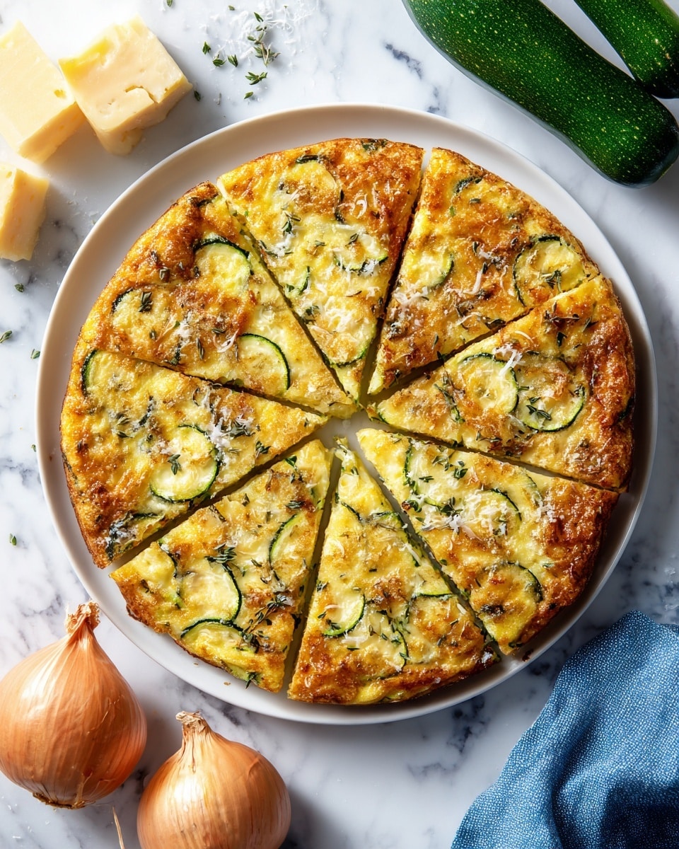 A close-up of a round slice of golden baked frittata on a white plate, showing three visible layers inside with pieces of green zucchini and light yellow eggs mixed together. The top layer has a slightly crispy golden crust sprinkled with white grated cheese and small green herb strips. Next to the slice, a silver fork holds a small piece of the frittata with similar textures and colors, all set on a white marbled surface. photo taken with an iphone --ar 4:5 --v 7