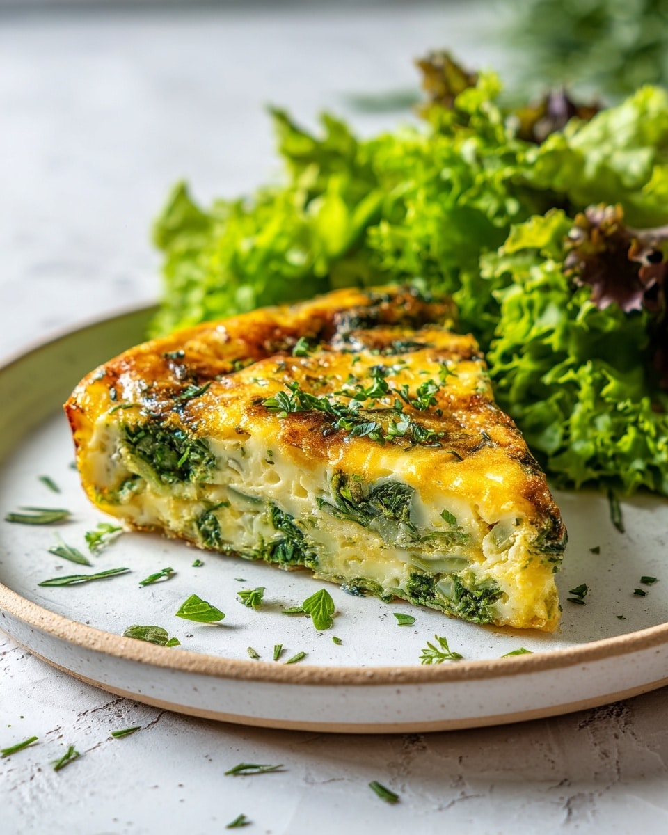 A thick, round frittata sits centered on a white plate, placed on a white marbled surface. It has a golden-yellow top layer with spots of browned edges and small green herb pieces scattered evenly over the surface, adding flecks of bright green color. Visible inside the frittata are chunks of light beige meat and darker green leafy vegetables mixed throughout, creating a textured look with some areas puffed up slightly. The whole dish looks soft and cooked through with a warm, inviting color. photo taken with an iphone --ar 4:5 --v 7