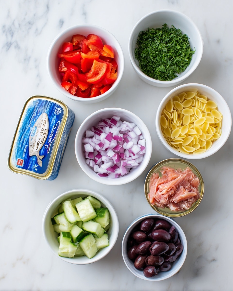 The image shows ingredients laid out on a white marbled surface. There are seven white bowls, each with a different item: chopped red pepper in the top center bowl; chopped red onion to the right; chopped parsley below the onion; light yellow orzo pasta in the bottom right; sliced black olives in the bottom center; chopped cucumber in the bottom left; and two cans of albacore tuna stacked in the middle. A block of traditional feta cheese with blue and white packaging is placed to the left near the cucumber bowl. The colors are bright and fresh, with clear separation of ingredients, placed neatly in a simple, clean style photo taken with an iphone --ar 4:5 --v 7