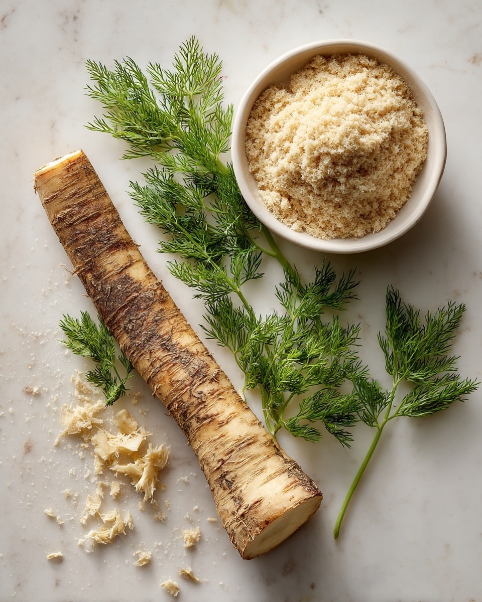The image shows a long horseradish root that is partly grated at one end, with a pile of grated horseradish forming a rough mound on a white marbled surface. Around the root, there are fresh green dill sprigs placed randomly, adding a bright green color contrast. To the upper right of the root, there is a white bowl filled with finely grated horseradish, showing a light beige, crumbly texture. The surface beneath everything is white with a marbled, slightly textured pattern. photo taken with an iphone --ar 4:5 --v 7