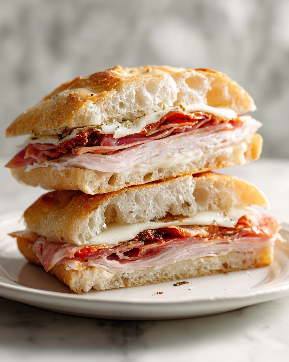 The image shows a sandwich cut into two halves, placed on a white plate with a subtle design. Each sandwich half has three layers of light golden toasted bread with a slightly crispy texture on the outside. Inside, the layers include thinly sliced pinkish ham, a layer of light white cheese, and some pieces of reddish roasted peppers. The sandwich is stacked neatly with visible textures from the toasted bread and the soft meats and cheese in between. The background features a dark setting that contrasts with the white plate. photo taken with an iphone --ar 4:5 --v 7