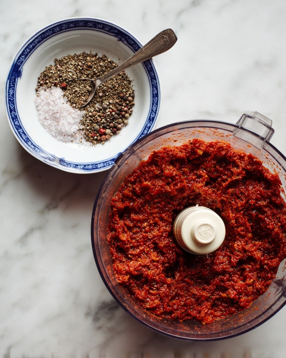 A clear food processor bowl filled with a dark red, finely chopped mixture that has a moist, slightly chunky texture is placed next to a white bowl with a blue rim containing a mix of coarse salt and black pepper, with a silver spoon resting inside; both items sit on a white marbled surface. photo taken with an iphone --ar 4:5 --v 7