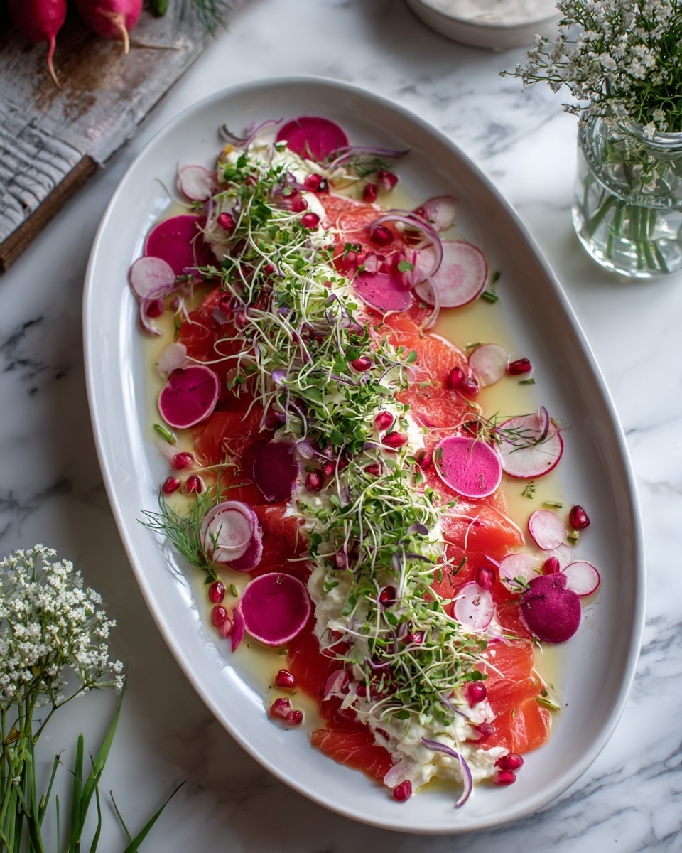 The dish is served on a large white oval plate, arranged in three main horizontal layers. The bottom layer is thin slices of bright red fish spread evenly across the plate. On top of this lies a middle layer of white creamy sauce, swirled gently among the fish. The top layer is a mix of small green sprouts and fresh herbs spread along the middle of the plate in a line. Around the edges, there are halved radishes with red skins and white insides, thin slices of onion, and small red berries scattered for color. The plate sits on a white marbled surface with a light blue cloth napkin holding three vintage-looking knives on the side. In the background, there is a white cup with creamy liquid, a silver spoon, a small glass bottle with water and a green plant in a square wooden container. Photo taken with an iphone --ar 4:5 --v 7