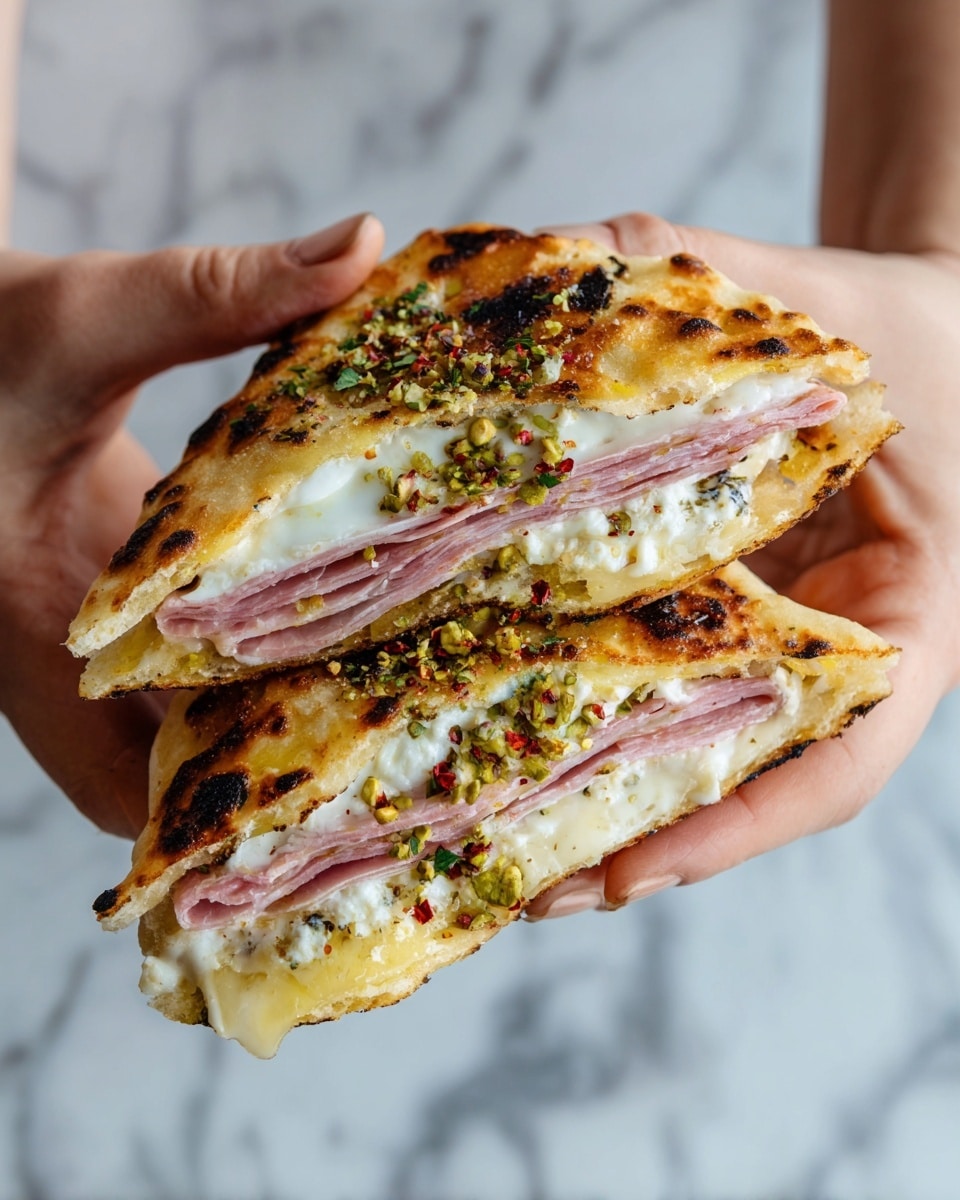 A sandwich held by a woman's hands is shown, with a golden-brown toasted flatbread as the base. Inside, there are white creamy slices of cheese layered with thin, pink folded deli meat. The sandwich is topped with small green nut pieces and red pepper flakes scattered over the ingredients. The flatbread has some charred dark spots creating a rustic look. The background is a white marbled texture. Photo taken with an iphone --ar 4:5 --v 7