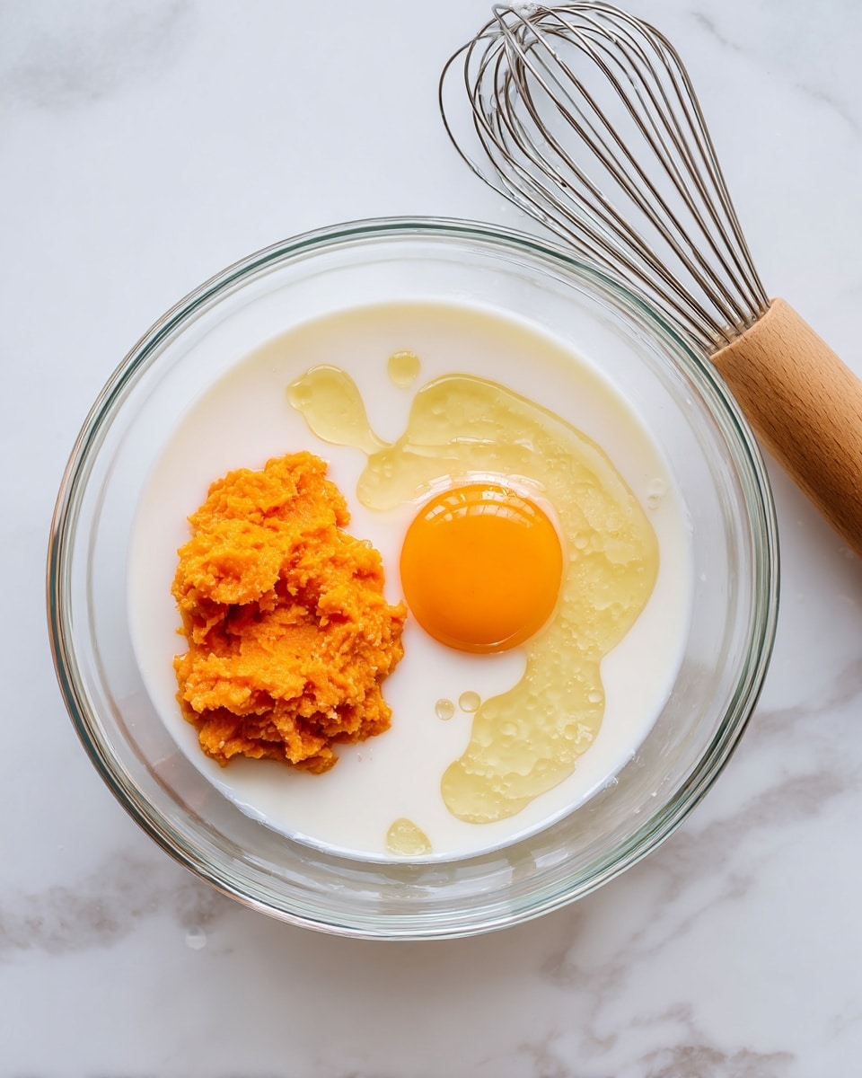 A clear glass mixing bowl sits on a white marbled surface, containing four visible layers of ingredients: a pale liquid milk base filling most of the bowl, a raw egg yolk with its bright orange color resting near the bottom center, a dollop of smooth orange mashed sweet potato on the right side, and a light golden syrup pooling on the left. Next to the bowl on the right side is a metal whisk with a wooden handle. The image is bright and well-lit, showing the textures of each ingredient clearly. photo taken with an iphone --ar 4:5 --v 7