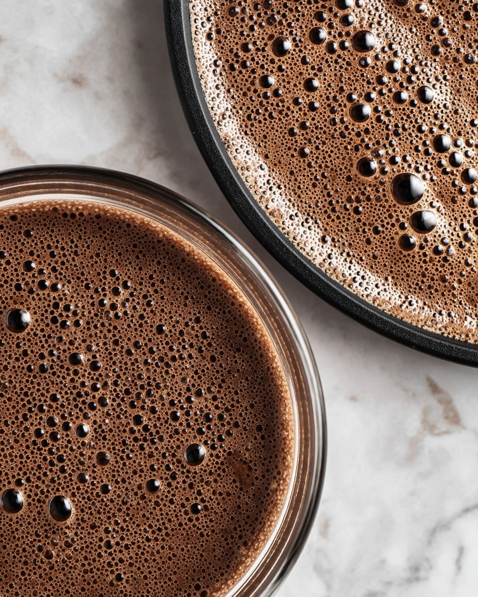 The image shows two close-up views of a dark brown batter with many bubbles on the surface, placed in a clear glass bowl on a white marbled texture. The texture of the batter is thick and frothy with small and medium air bubbles evenly spread. The second part of the image shows the batter poured as flat, round pancakes on a black griddle, with bubble holes on their surface, ready to be cooked. The griddle has a smooth texture and is partially open. photo taken with an iphone --ar 4:5 --v 7