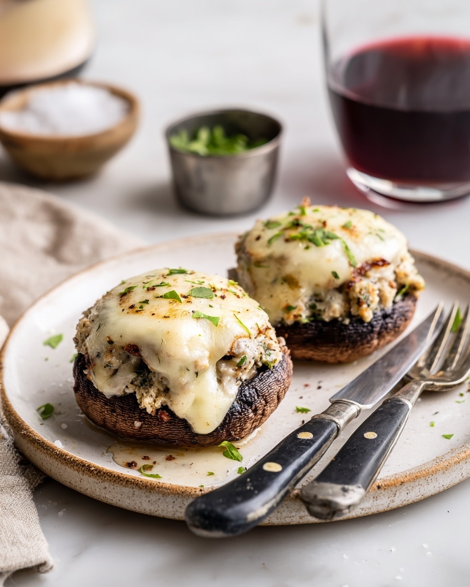 The image shows six stuffed mushrooms on a rectangular baking tray lined with white parchment paper. Each mushroom has three visible layers: the dark brown mushroom cap at the bottom, topped with a crumbly beige stuffing mixed with herbs and small pieces of darker ingredients, and finished with a smooth, creamy white melted cheese layer sprinkled with finely chopped green chives. Around the mushrooms, there are some scattered golden brown crumbs and bits. The tray rests on a surface with a white marbled texture. The close-up shot on the right highlights the texture of the cheese and stuffing on two mushrooms. photo taken with an iphone --ar 4:5 --v 7