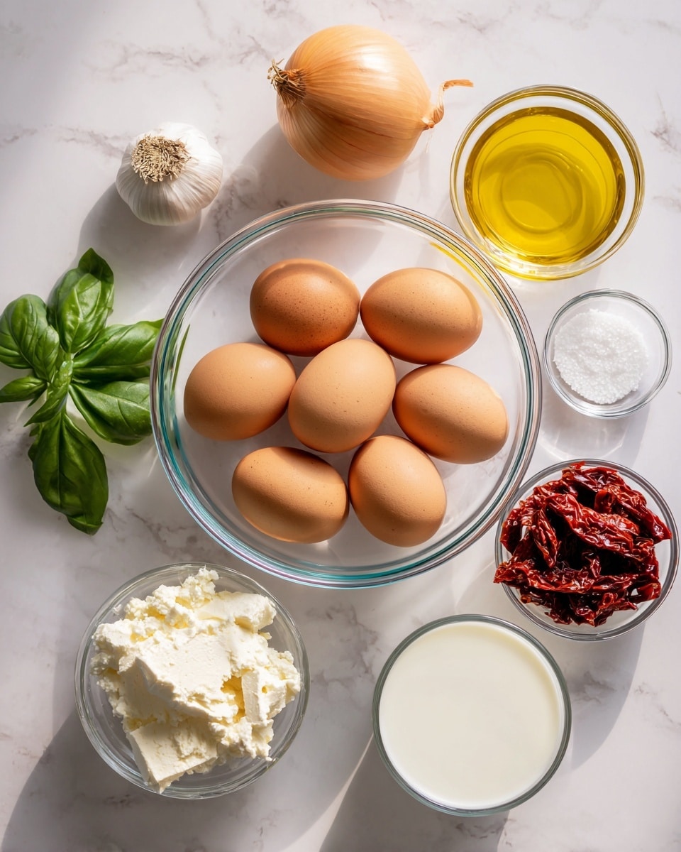 A clear glass bowl filled with seven brown eggs sits in the center on a white marbled surface. Around it, various ingredients are neatly placed: a whole onion with a light brown skin to the upper left, a small garlic clove below it, and a small bunch of fresh green basil leaves at the bottom left. To the right of basil, a small clear bowl contains golden olive oil, while a small clear bowl with white salt is placed nearby. On the right side of the eggs, a bright red bell pepper lies next to a small white bowl filled with dark red sun-dried tomatoes. Above the pepper, a pack of white goat cheese is seen, and below, a small clear glass holds white milk. The scene is bright and clean, set against a white marbled surface with soft natural light. Photo taken with an iphone --ar 4:5 --v 7