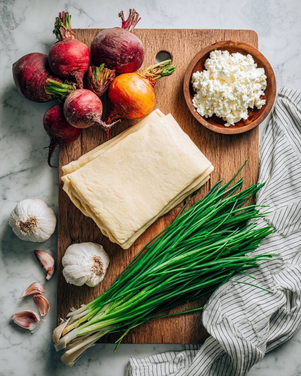 A wooden cutting board sits on a white marbled surface with several ingredients arranged on it. On the left side, there is a small bunch of fresh beets with vibrant red and orange colors, including their roots visible. Next to the beets, towards the center, is a folded sheet of pale yellow dough. In front of the dough, a large bunch of fresh green chives is spread out, lying diagonally across a smaller wooden board. Above the chives, a small wooden bowl holds a white creamy cheese, and some crumbled cheese is placed nearby on the board next to the chives. A few cloves of garlic are scattered around the cutting board, and a striped white and gray kitchen towel is draped over the right edge. The lighting is natural, showing clear textures and colors. Photo taken with an iphone --ar 4:5 --v 7