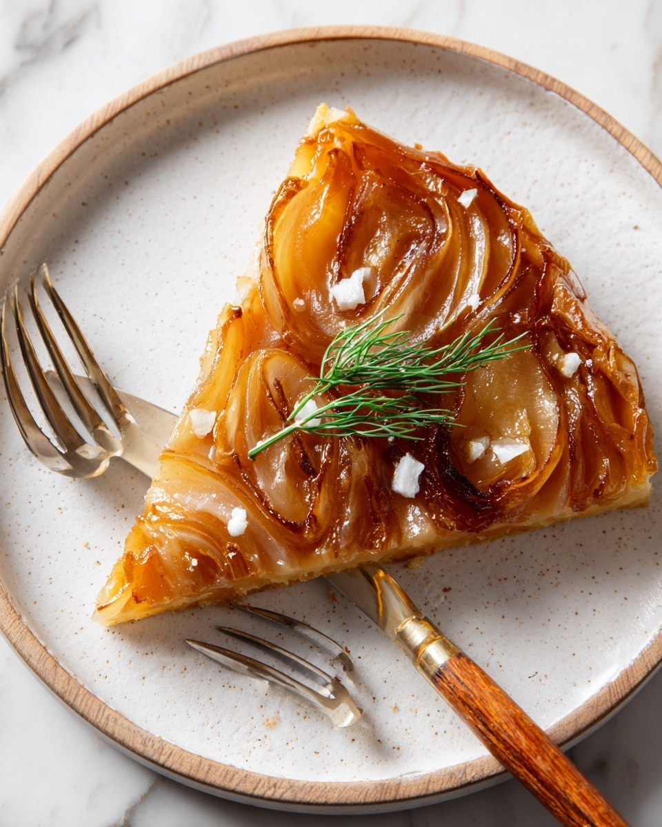 The image shows one slice of tarte tatin on a round white plate with a wooden texture. The tarte has a single layer of cooked, caramelized onion slices in warm brown and amber shades arranged in a slightly overlapping pattern. The crust beneath is a thin golden-brown base, barely visible under the onions. Small white crumb-like pieces are scattered on the onions, topped with a fresh green sprig of dill placed in the center of the slice. A fork with a wooden handle rests on the edge of the plate. The plate sits on a white marbled surface, and part of a woman’s hand is visible near the top left corner. Photo taken with an iphone --ar 4:5 --v 7
