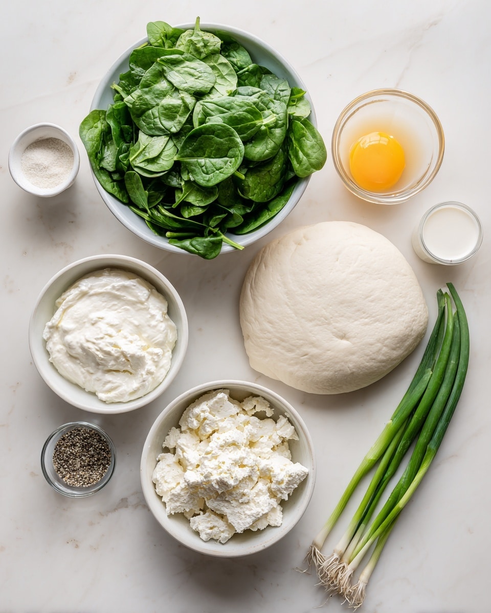 The image shows various ingredients arranged neatly on a white marbled surface. On the left, there is a white bowl full of fresh, bright green spinach leaves with crisp texture. Below it is another white bowl with a soft white cream cheese that looks smooth and fluffy. Next to that, there is a small white bowl containing a large block of light cream-colored feta cheese with a crumbly texture. To the right, a white rolled sheet of pizza dough lies flat with a bundle of fresh green onions placed next to it. Above the feta bowl, a small glass cup holds a pale white milk, and next to it is a small cream-colored cup with a raw egg yolk inside, its yellow surface glossy and round. Near the bottom left, there is a tiny glass bowl containing white and black seasoning powders. The whole setup stands out clearly against the clean white marbled background. Photo taken with an iphone --ar 4:5 --v 7