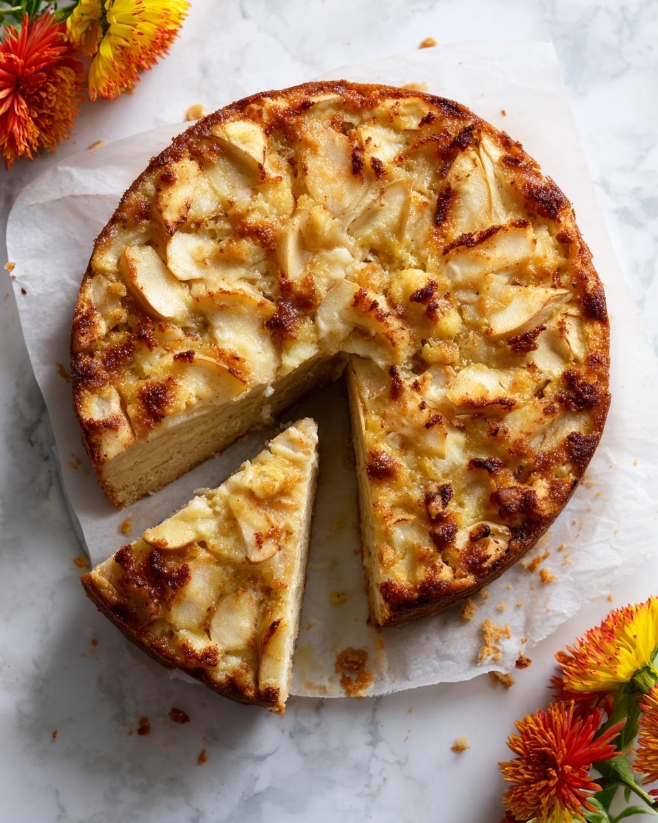 A round, single-layer cake with a golden brown color sits on crinkled white parchment paper placed on a white marbled texture. The top of the cake is decorated with thin, round apple slices that have a slightly caramelized, browned texture around the edges. One wedge-shaped slice has been removed to show the soft, dense, light brown interior of the cake. To the right of the cake, there are small orange and yellow orchid flowers adding a touch of color to the scene. Photo taken with an iphone --ar 4:5 --v 7