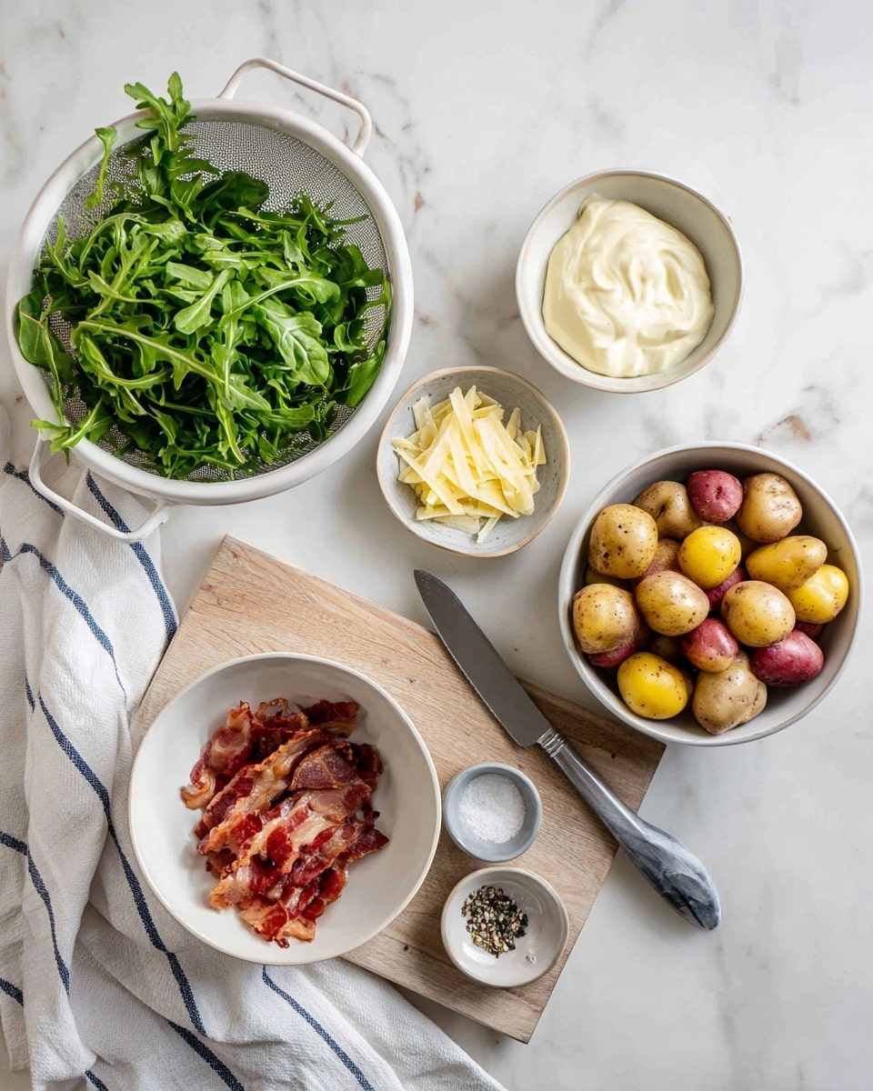 The image shows a collection of ingredients on a white marbled surface: at the top left, a white colander full of fresh green arugula leaves; below it, a white bowl with creamy mayo; to the right of the mayo, a small white bowl with thin, light yellow parmesan shavings; next to it, a larger white bowl filled with a mix of small red and yellow potatoes; at the bottom left, a white bowl holds small strips of raw bacon, placed on a light wooden cutting board with a silver knife that has a black handle, and a small white dish containing salt and pepper. A woman's hand is not shown but implied by the knife placement, with a white and blue striped cloth partially visible under the bowls. photo taken with an iphone --ar 4:5 --v 7