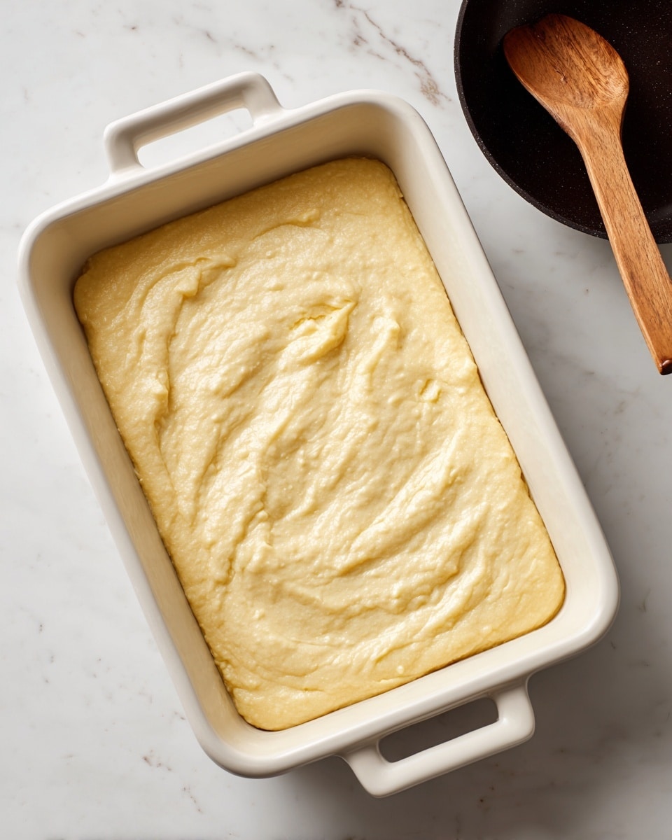 A white rectangular baking dish filled with smooth, pale yellow batter that has a creamy texture and slight unevenness on the surface. The dish has two handles on the sides and is placed on a white marbled surface. In the upper right corner, there is a dark pan with a wooden spoon resting inside, partially visible. The batter looks thick and ready for baking. photo taken with an iphone --ar 4:5 --v 7