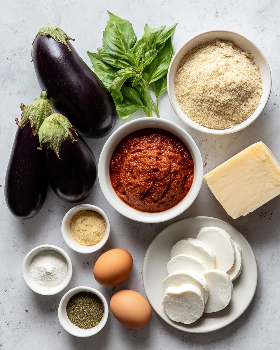Two dark purple eggplants with green tops sit near fresh green basil leaves on the upper left. To the right, a white bowl filled with thick red tomato sauce has a textured surface. Below it is another white bowl holding light brown, coarse breadcrumbs. Near the center are two brown eggs. To the bottom left, three small bowls hold light yellow powder, dried green herb mix, and white flour. A small white container with olive oil is placed nearby. At the bottom right, a white plate has white round slices of mozzarella cheese fanned out on one half, with a block of golden-yellow parmesan cheese next to it. All items are on a white marbled surface photo taken with an iphone --ar 4:5 --v 7