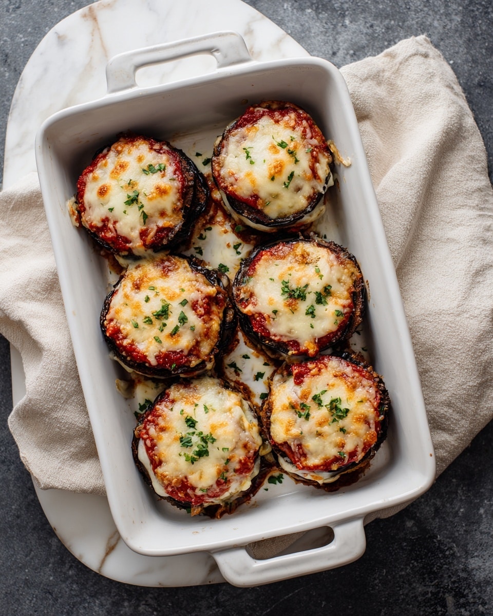 The image shows a white rectangular baking dish filled with several round eggplant slices cooked in layers. Each slice has a base of dark purple eggplant with a crumbly textured coating, topped with bright red tomato sauce, melted white cheese, and sprinkled with chopped green herbs and small basil leaves. One slice is being lifted with a metal spatula, showing a thick stack of eggplant, sauce, and cheese, with melted cheese strands dripping down. The background surface is white marble, and a block of cheese is visible in the upper left corner. photo taken with an iphone --ar 4:5 --v 7