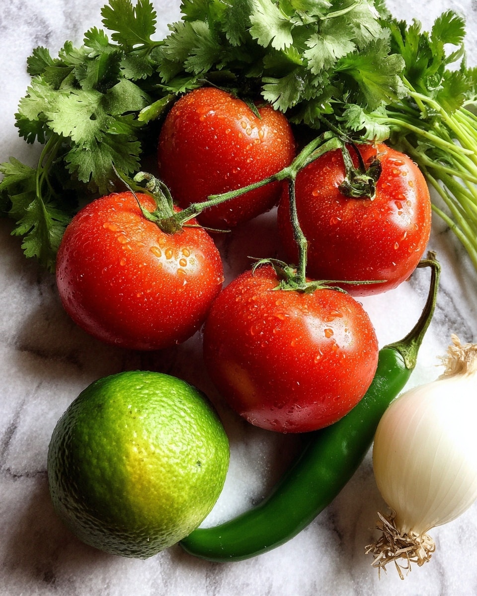 A close-up of five fresh red tomatoes on a vine, a bunch of bright green cilantro leaves, a whole green chili pepper, a lime with a shiny green-yellow skin, and a half of white onion showing its smooth inner layers, all placed on a white marbled textured surface photo taken with an iphone --ar 4:5 --v 7
