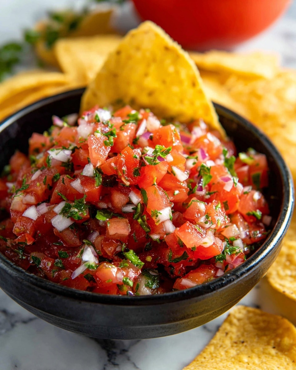 A clear glass bowl sits on a white marbled surface, showing two images side by side. The left image displays the bowl with four separate layers of ingredients: finely chopped white onion on the left, small pieces of green jalapeño next to it, fresh chopped dark green cilantro below, and bright red diced tomatoes on the right. A sprinkle of black pepper and salt rests on top of the tomato layer. The right image shows the same bowl with all these ingredients mixed together, creating a colorful, textured salsa with red, white, and green pieces evenly combined. A silver spoon is partially visible on the right side of the bowl. Photo taken with an iphone --ar 4:5 --v 7