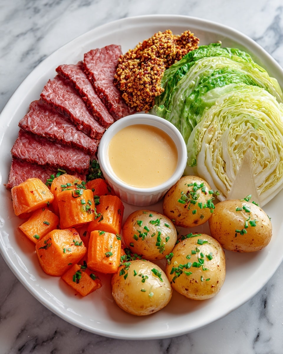 A white oval plate on a white marbled surface holds a neatly arranged sliced corned beef in the front right with a dark pink center and brown edges sprinkled with mustard seeds. Behind the beef, there is a small round white ramekin filled with creamy pale yellow mustard. To the right of the ramekin are several light green and yellow cabbage leaves layered loosely. On the left half of the plate, there are two piles of vegetables: bright orange carrot slices stacked in uneven shapes at the far left, and next to them, halved small round red potatoes with light brown skin sprinkled with green herbs. The whole arrangement shows clean separation of each item with soft natural lighting. photo taken with an iphone --ar 4:5 --v 7