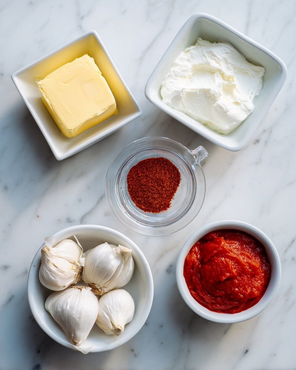 The image shows five small white dishes arranged on a white marbled surface in a slightly curved vertical line. At the top left, a small white dish holds a square piece of yellow butter. To its right, a white square container holds white regular cream with a small clear plastic measuring cup inside. Below, a small white round bowl contains reddish-brown Cajun seasoning. To the lower left, a white round dish holds four white garlic cloves. At the bottom right, another white dish contains bright red tomato paste. Each ingredient is labeled with clear black text and lines pointing to the dishes. Photo taken with an iphone --ar 4:5 --v 7