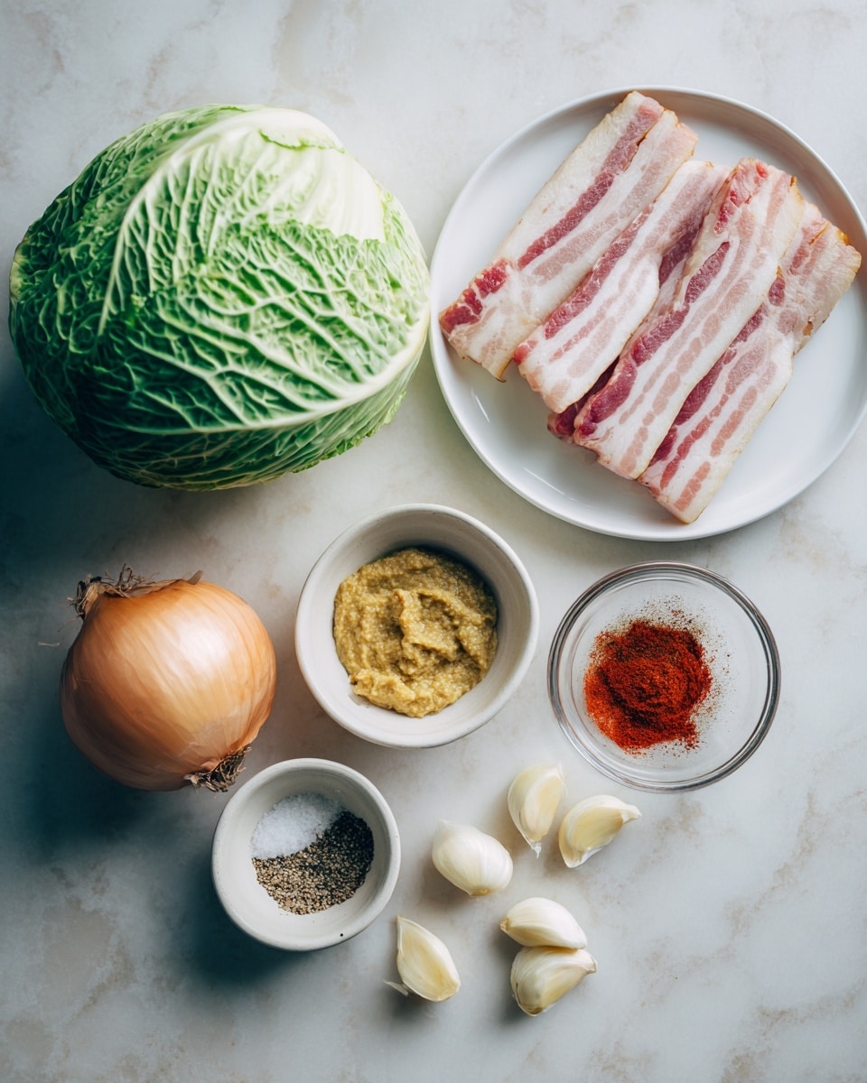 The image shows raw cooking ingredients placed neatly on a white marbled surface. A large green cabbage sits at the top left, round and fresh with visible veins on its leaves. To its right, a white plate holds several slices of uncooked bacon, pink with white fat stripes layered flat on the plate. Below the cabbage, a small white bowl contains grainy stone ground mustard with a yellowish-brown color and thick texture. Next to it, another small white bowl is filled halfway with coarse salt and black pepper mixed together, speckled black and white. To the right, a clear glass bowl holds bright red paprika powder. Below these bowls, a whole onion with light brown skin sits beside three peeled garlic cloves, creamy white in color, all arranged clearly and simply on the background. Photo taken with an iphone --ar 4:5 --v 7