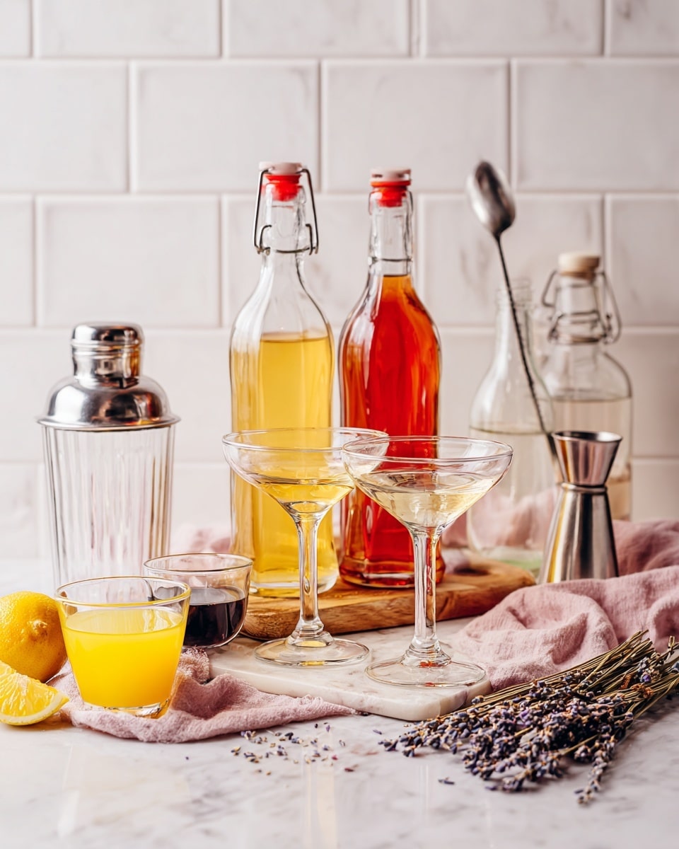 The image shows a drink making setup on a white marbled surface with a white tiled background. In the center, there is a tall bottle of lavender syrup with a red cap and label, standing behind two empty coupe glasses placed on a small wooden board. To the left, there is a clear ridged cocktail shaker, a small glass cup with yellow juice, another small dark liquid cup, and a lemon resting on a soft pink cloth. On the right side, two clear glass bottles with liquid—one with a stopper and one with a swing top pourer—stand near a tall glass holding a spoon and a metal jigger balanced on top. Sprigs of dried lavender lie scattered in the front right and near the small cups. The whole setup feels fresh, clean, and ready for cocktail mixing photo taken with an iphone --ar 4:5 --v 7