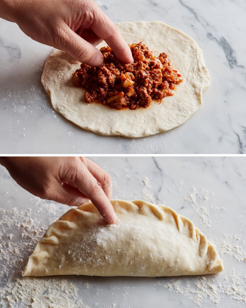 The first image shows a round piece of dough spread flat on a white marbled surface with a chunky reddish-orange filling placed in the center, containing bits of meat and sauce. A woman's finger points to the dough below the filling. In the second image, the dough is folded in half over the filling to form a half-moon shape, sealed all around the edges, resting on the same white marbled surface, with some flour scattered nearby. photo taken with an iphone --ar 4:5 --v 7