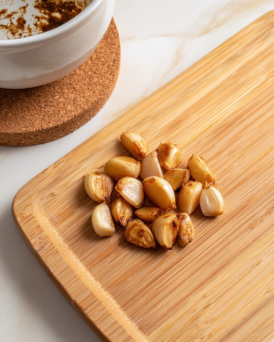 The image shows a small pile of roasted garlic cloves with a golden brown color and slightly crispy edges placed in the center of a light wooden cutting board with visible grain lines and a smooth texture. The cutting board rests on a white marbled surface, creating a clean and bright background. In the upper left corner, part of a white bowl with dark brown residue inside is visible, set on a round cork coaster, adding warmth to the overall scene. photo taken with an iphone --ar 4:5 --v 7