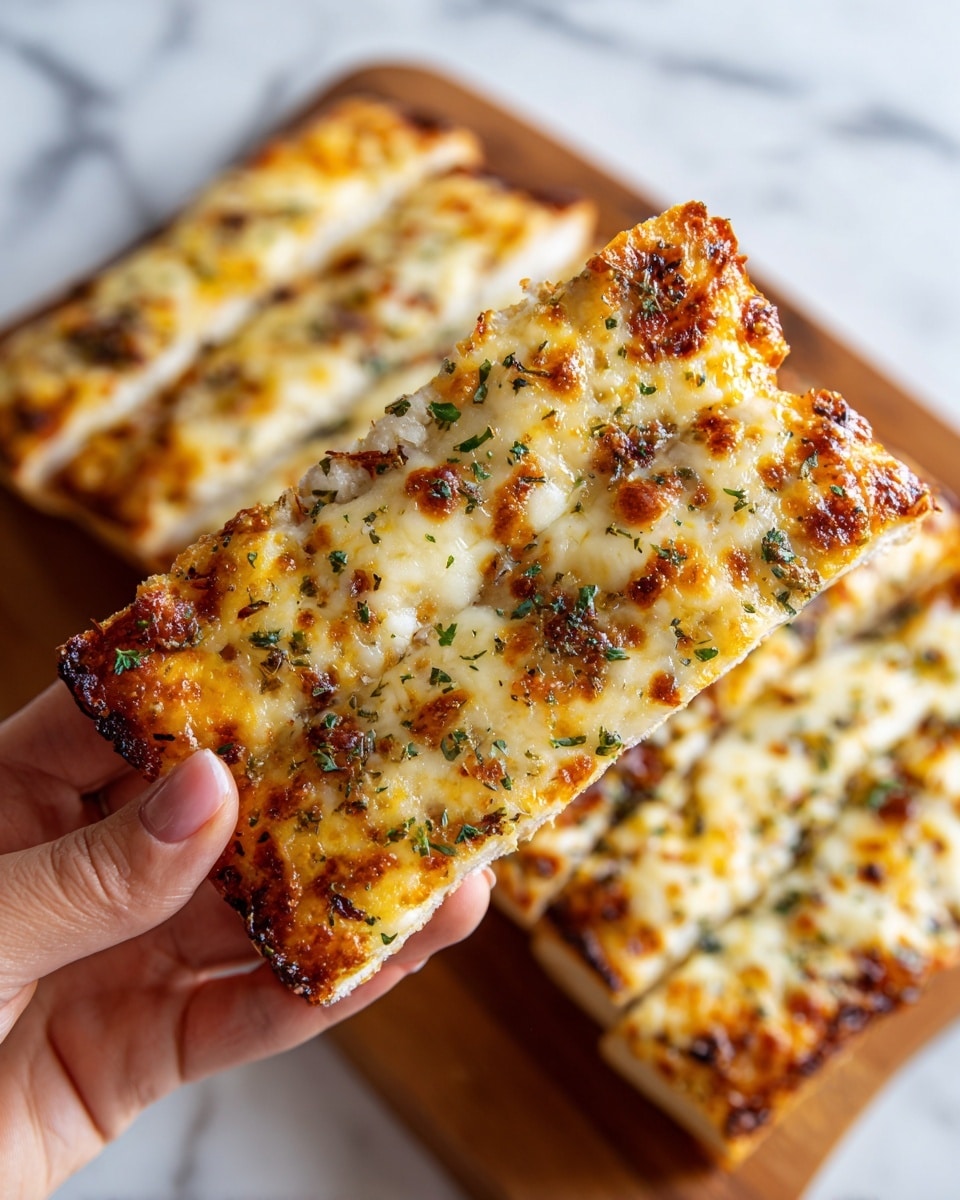 A close-up of two woman's hands holding a thick, rectangular slice of cheesy breadstick with a golden-brown bubbly cheese layer on top sprinkled with small bits of green herbs. The breadstick shows a slightly crispy edge where the cheese is browned, with a soft inside hinted at by the texture near the fingers. In the background, a wooden board holds several more rectangular breadsticks with the same white melted cheese and herb topping, all placed on a white marbled surface. photo taken with an iphone --ar 4:5 --v 7