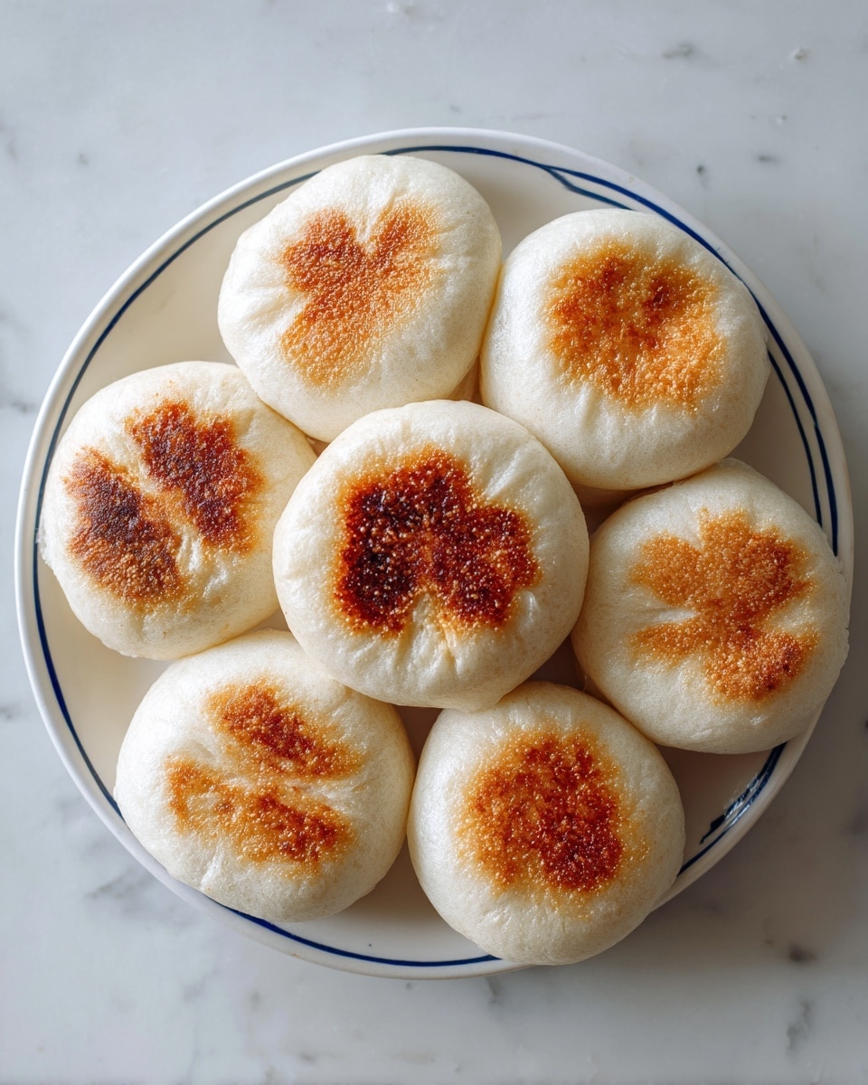 A white round plate holds eight stuffed buns arranged in a circle on a white marbled surface. Five buns show a smooth, soft white dough top with a few gentle folds, while three buns are flipped to show a golden brown, toasted bottom with a slightly rough, grainy texture. One bun at the center is cut in half, revealing two layers: a thick, soft white dough layer on the outside, and a densely packed pinkish-red filling inside with a slightly chunky texture. The scene is clean and bright, focusing on the buns' texture and color contrast. Photo taken with an iphone --ar 4:5 --v 7