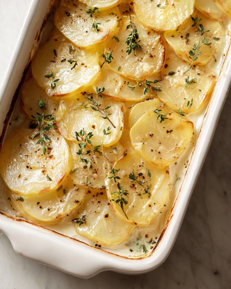 The dish shows thin potato slices arranged in rows inside a white rectangular dish. The potato slices are pale yellow and slightly creamy with a smooth texture. Small green thyme leaves are scattered on top along with ground black pepper. The edges of the potato slices look soft and tender, and there is a light creamy liquid visible around the base of the slices. The photo is taken from above focusing closely on the potatoes on a white marbled surface. Photo taken with an iphone --ar 4:5 --v 7