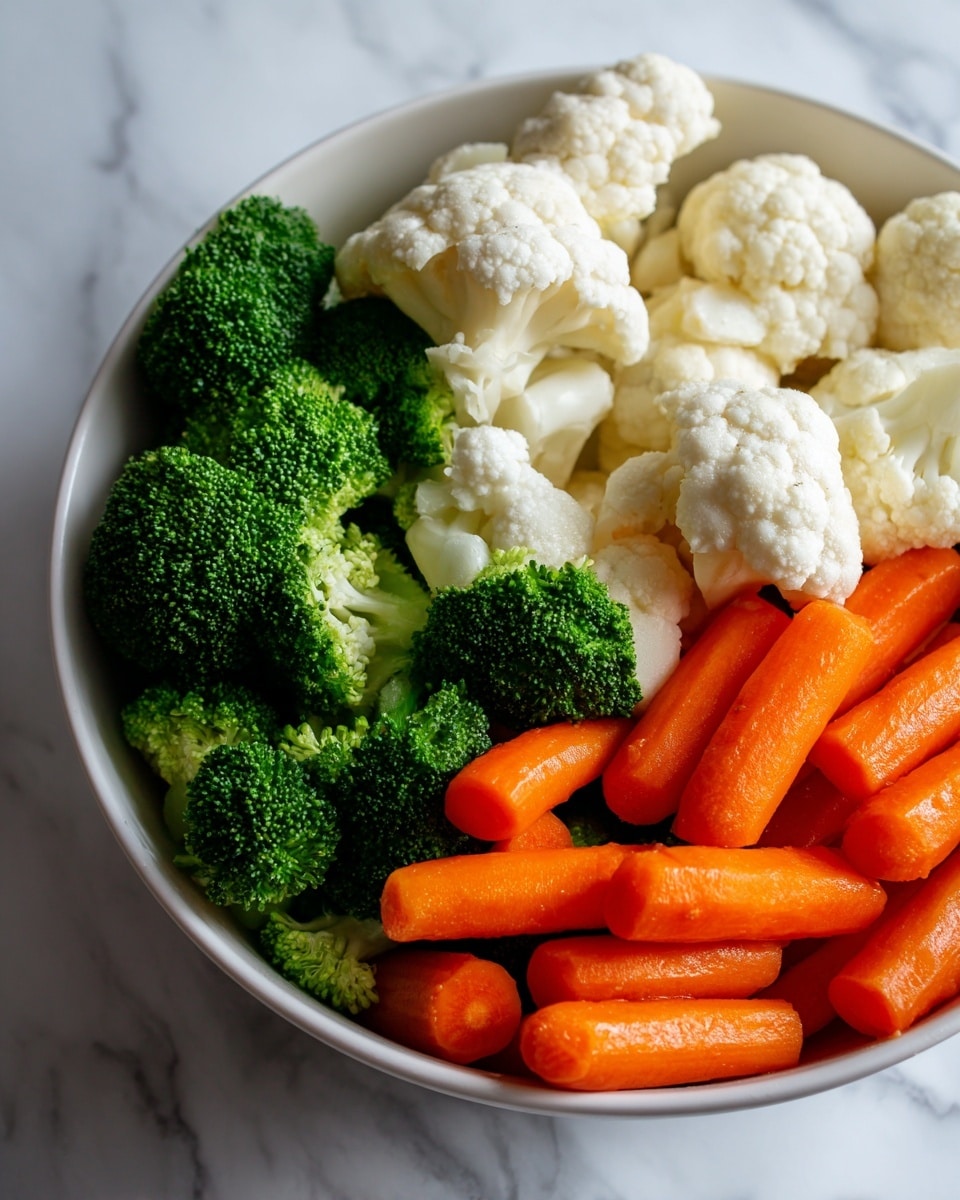 This image shows a close-up of a white bowl filled with mixed vegetables. There are three main layers visible: bright orange baby carrots at the bottom, fresh green broccoli florets in the middle, and white cauliflower pieces scattered throughout on top. The broccoli has a textured, slightly bumpy surface, while the cauliflower has a smoother, chunkier texture. The colors contrast nicely with the white bowl and the white marbled surface background. photo taken with an iphone --ar 4:5 --v 7