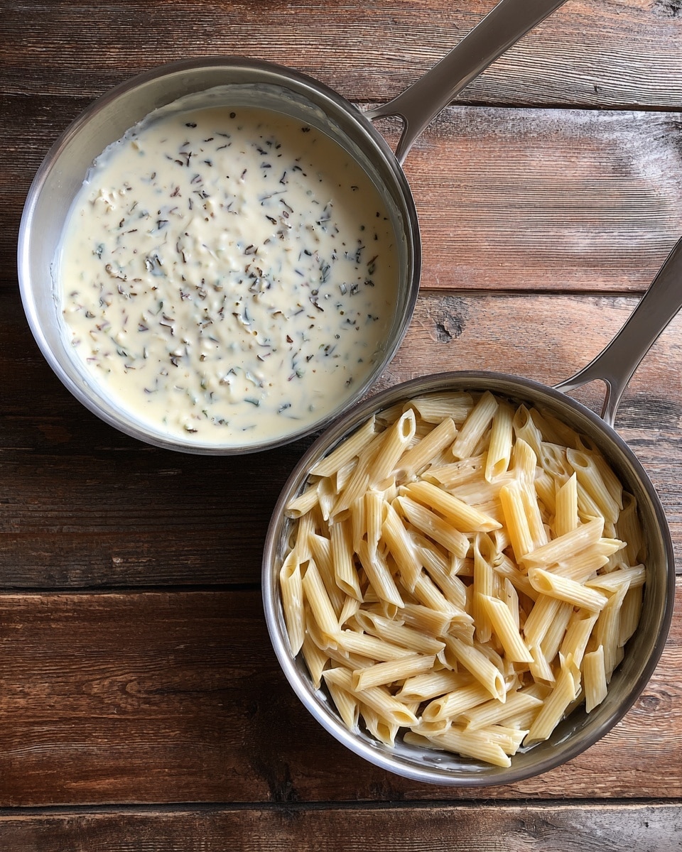 The image shows two silver pans with sauce and pasta. The left pan has one layer of thick, creamy white sauce with small dark herb bits spread evenly inside. The right pan has the same thick white sauce layer as the bottom layer, topped with light yellow penne pasta piled in the middle. Both pans are placed on a wooden surface. photo taken with an iphone --ar 4:5 --v 7