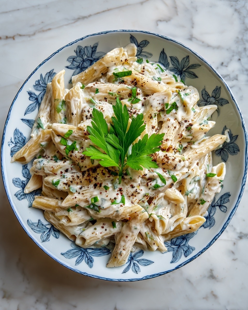 A bowl of penne pasta coated with a creamy white sauce, mixed with small green herb pieces evenly spread on the pasta. The pasta sits in a white bowl with blue and gray floral designs around the rim, placed on a white marbled wooden surface. The dish is topped with a sprinkle of black pepper and a single bright green parsley leaf in the center. photo taken with an iphone --ar 4:5 --v 7
