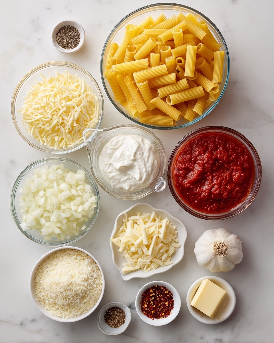 The image shows a set of ingredients arranged neatly on a white marbled surface. There are three large clear glass bowls at the top: the left one filled with yellow rigatoni pasta, the middle one holding white cream in a glass measuring cup, and the right one containing rich red tomato sauce. Below these are smaller clear glass bowls and white dishes holding various ingredients: finely chopped white onion, grated pale yellow Parmesan cheese, a small chunk of light cream-colored butter, a small bowl of white flour, and a dish with minced garlic. Two small white dishes hold seasonings, one with a mix of black salt and pepper, and the other with red chili flakes. There is also a small clear bowl with dried Italian seasoning. Photo taken with an iphone --ar 4:5 --v 7