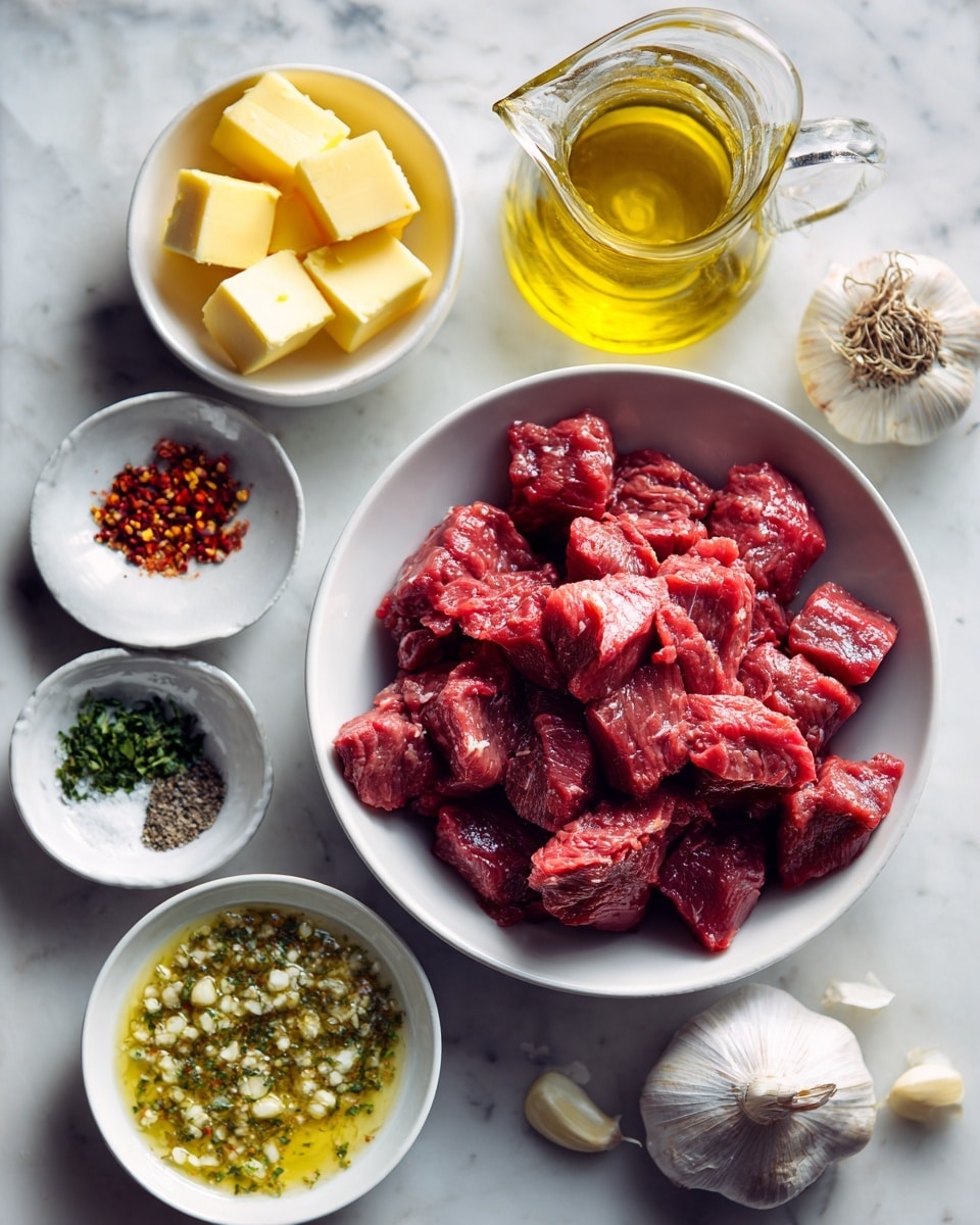 A white bowl is filled with many red chunks of raw meat, arranged in a pile in the center. Around it, on a white marbled surface, are six smaller white bowls and one glass jug. One bowl contains yellow lemon wedges, another has cubes of pale yellow butter, a third has red pepper flakes, and a fourth holds green chopped herbs. A small white bowl has a mix of black pepper and white salt. The glass jug is filled with golden olive oil. Another white bowl shows a mixture of finely chopped garlic, herbs, and some oil, with a slight oily shine. Two garlic bulbs rest next to the bowls. The scene is softly lit and appears natural. Photo taken with an iphone --ar 4:5 --v 7