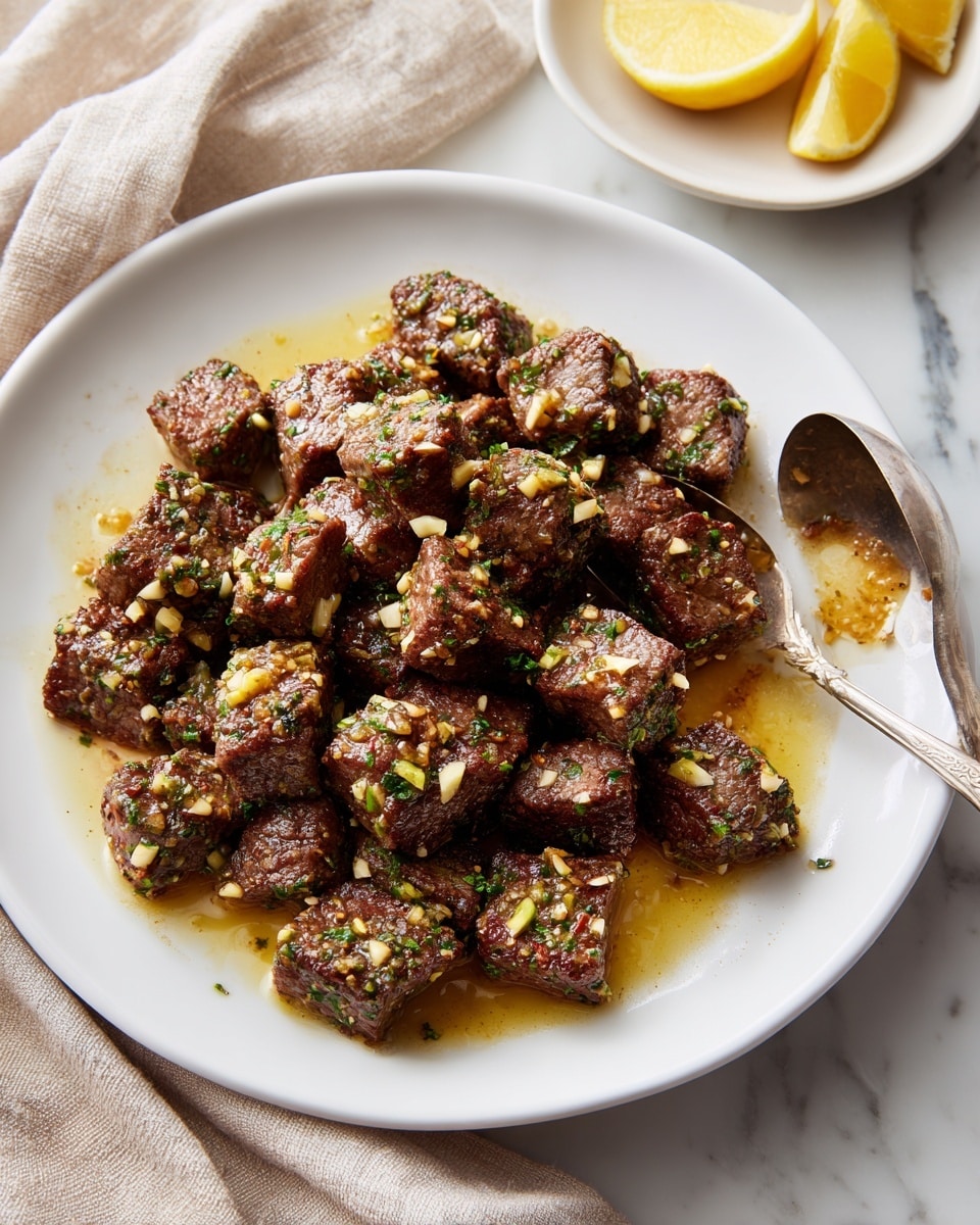 The image shows a wooden board holding several square pieces of cooked meat, each topped with a mix of finely chopped nuts and herbs. The meat has a brown, slightly charred surface with a juicy look, and the nut topping adds a textured layer of light tan and green colors. Some sauce with visible chopped herbs and nuts pools underneath and around the meat, giving a glossy effect. Green parsley leaves are scattered on the board. In the background, there is a white marbled surface with a small white bowl containing lemon wedges and a metal spoon resting near it. Photo taken with an iphone --ar 4:5 --v 7