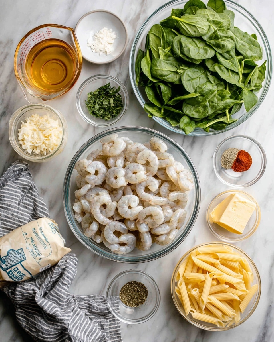 A clear glass bowl at the top holds a layer of raw, peeled shrimp in pale gray-white shades with curved shapes. To the right, two small clear bowls contain chopped green herbs and white flour, while below them is a larger clear bowl filled with fresh green spinach leaves, crisp and lively. To the left of the spinach is a transparent measuring cup with golden-brown liquid, and nearby a small bowl holds finely minced garlic in a light beige tone. In the center, there is a white bag of gluten-free penne pasta with blue and brown text. Surrounding these main items are small clear bowls with seasoning mixes in black, green, and white colors, a tiny pile of red tomato paste, a small clear container of honey-colored liquid, and a white bowl filled with finely shredded pale yellow cheese. At the bottom right is a small piece of pale butter on the white marbled surface. A gray and white striped cloth is crumpled in the background. Photo taken with an iphone --ar 4:5 --v 7
