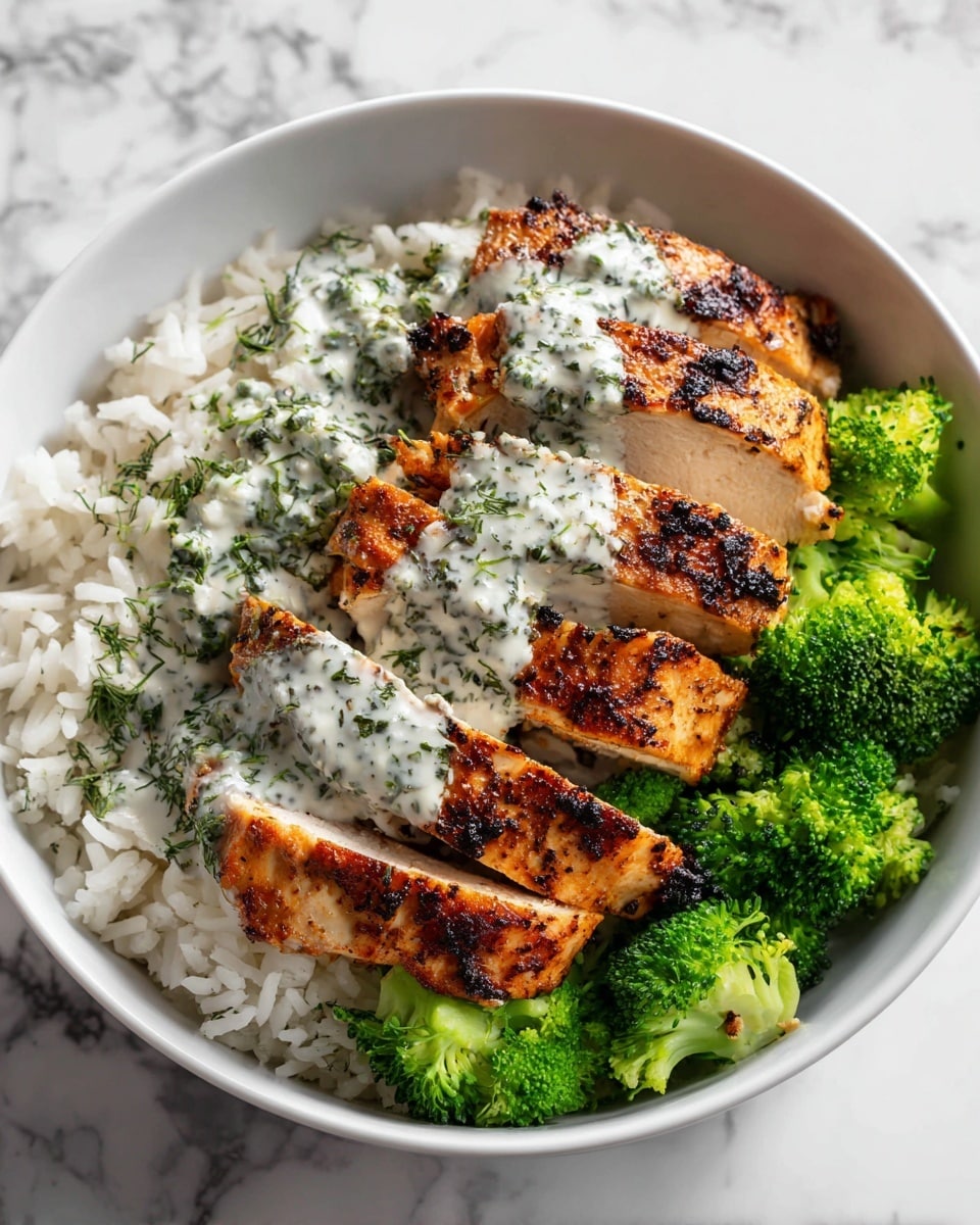 A white bowl contains a base layer of steamed white rice, topped with bright green broccoli florets scattered around the edges. On top of the broccoli, there are five thick slices of grilled chicken with a golden-brown charred surface and visible grill marks. A creamy white sauce with green herbs is poured over the chicken and some broccoli, giving a smooth and slightly speckled texture from the herbs. The bowl sits on a white marbled surface. photo taken with an iphone --ar 4:5 --v 7