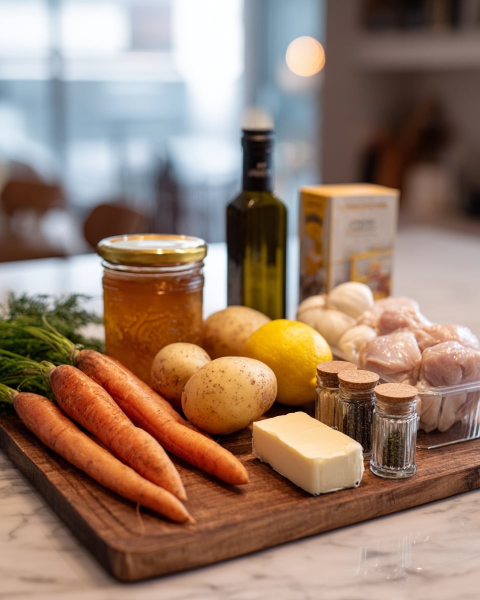 The image shows a wooden cutting board placed on a white marbled surface with several cooking ingredients arranged neatly on it. On the left side, there is a bunch of fresh carrots with green tops, next to a jar of amber-colored honey with a gold lid. In the middle, there are five light brown potatoes, a yellow lemon, three peeled garlic cloves, and a stick of butter wrapped in white paper. On the right side, there is a clear glass container holding four raw chicken pieces, placed in front of three small glass spice jars with dark lids containing oregano, thyme leaves, and pepper. Behind these items is a dark green bottle of olive oil and a small carton of chicken broth. The background is softly blurred with warm indoor lighting, and the photo is taken with an iphone --ar 4:5 --v 7