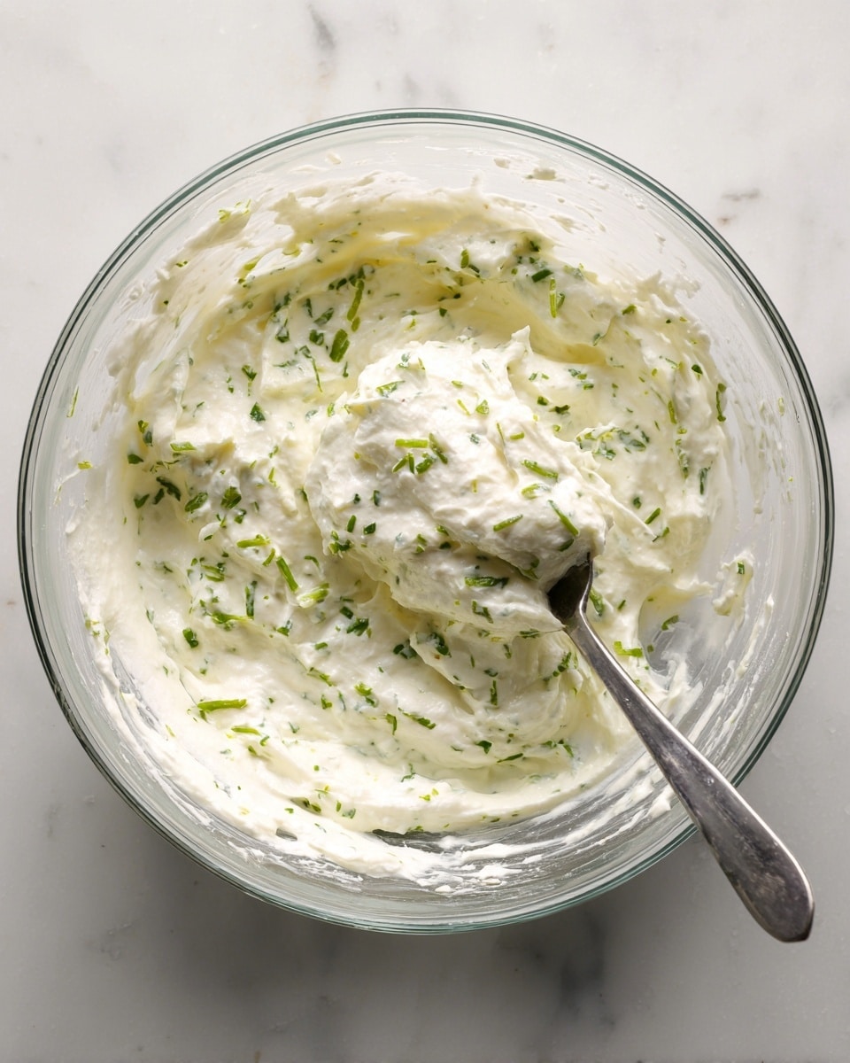 A clear glass bowl sits on a white marbled surface, filled with a creamy, thick white mixture that has small green herb pieces scattered evenly throughout. A silver spoon rests inside the bowl, partially covered by the mixture, showing its soft and slightly lumpy texture. The bowl's sides have some remnants of the mixture, suggesting recent stirring. The lighting is bright, highlighting the mixture’s fresh and smooth appearance. photo taken with an iphone --ar 4:5 --v 7