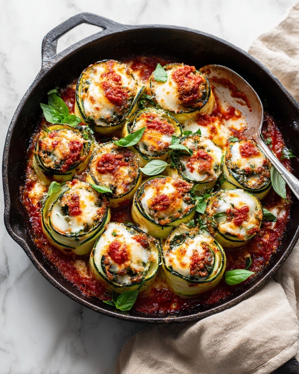 A small serving of layered zucchini lasagna sits on a white speckled plate with three visible layers: a bottom layer of bright red tomato sauce with small bits, a middle layer of golden lightly grilled zucchini strips folded on top of soft white cheese, and a top layer of melted white cheese mixed with more tomato sauce. A fresh green basil leaf decorates the middle. The plate is on a white marbled surface, and a vintage silver fork rests on the left side of the plate. Photo taken with an iphone --ar 4:5 --v 7