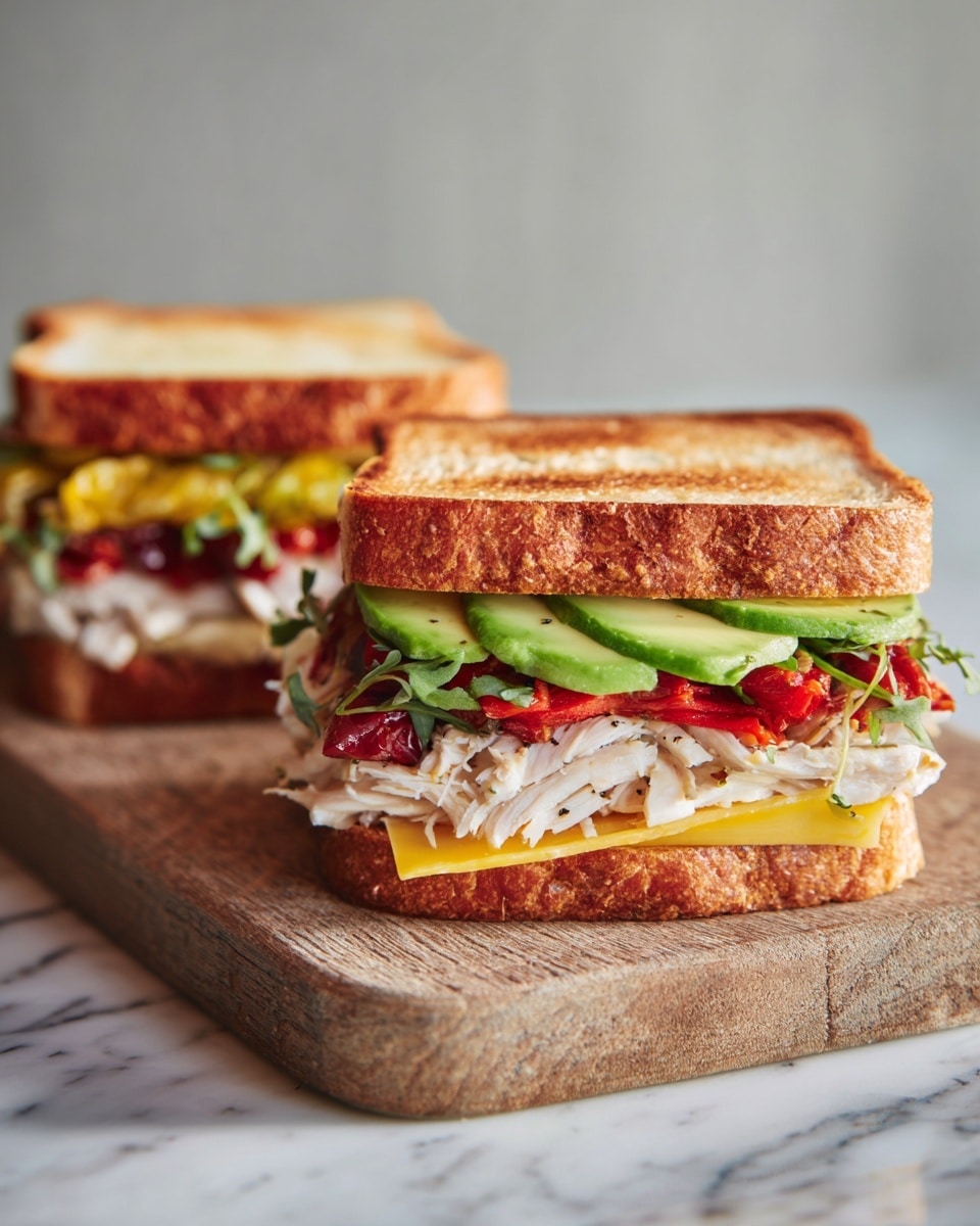 Two sandwiches sit on a wooden chopping board with a white marbled surface below. Each sandwich has three layers of toasted golden brown bread with a slightly crispy texture. Between the bread, there is a layer of light yellow cheese closest to the bottom slice, followed by shredded white meat, then bright red roasted peppers, and topped with slices of fresh green avocado with bits of leafy green herbs peeking out. The sandwiches are positioned close together, with the front one in clear focus. Photo taken with an iphone --ar 4:5 --v 7