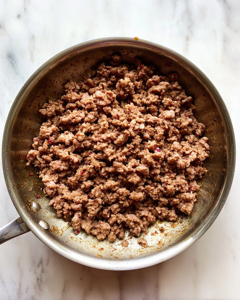 A round silver pan filled with cooked ground meat pieces spread evenly across the bottom, the meat is brown with some pink spots and has a crumbly texture, the pan has a bit of brown residue from cooking around the edges, all placed on a white marbled surface photo taken with an iphone --ar 4:5 --v 7