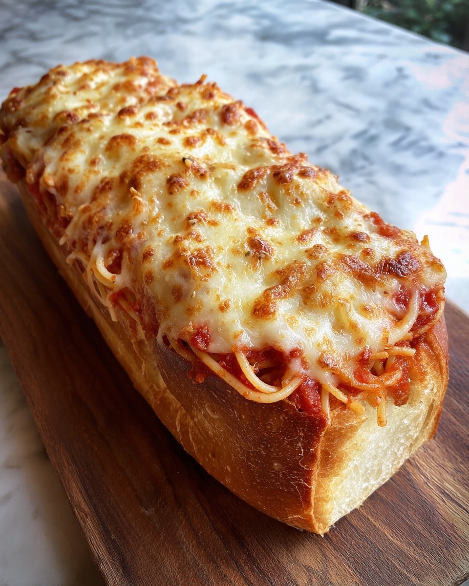 A long sandwich loaf with a golden brown crust is filled with a layer of bright red spaghetti noodles mixed with tomato sauce, topped generously with melted light golden cheese that looks bubbly and slightly browned in places. The sandwich is placed on a wooden board with a white marbled texture in the background. photo taken with an iphone --ar 4:5 --v 7