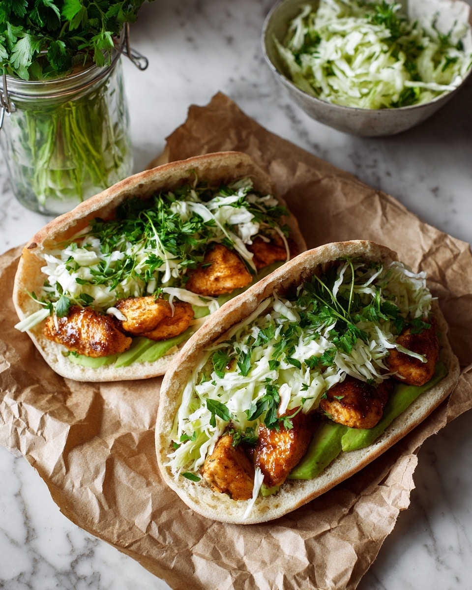 Two pita sandwiches filled with three main layers: the pita bread is light brown with a soft texture, sliced open horizontally; inside, the bottom layer has fresh, creamy green avocado slices; on top of the avocado, there are golden-brown glazed chicken pieces with a shiny surface; the top layer consists of white cabbage slaw with green herbs, giving a fresh and crunchy look; the sandwiches rest on crumpled brown paper with a glass jar of fresh green herbs on the left side and a bowl of cabbage slaw on the right; all placed on a white marbled surface photo taken with an iphone --ar 4:5 --v 7